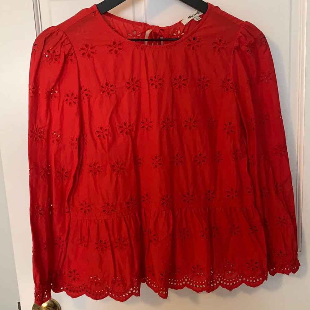 Madewell Red Eyelet Keyhole Peplum Blouse